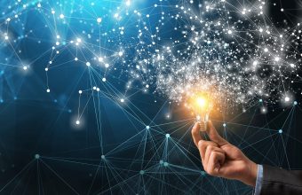 Concept of new ideas and innovation Business hand holding glowing light bulb against. 3d rendering