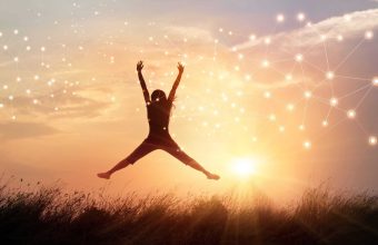 Happy woman with freedom manner in nature sunset and graphical n Happy woman with freedom manner in nature sunset and graphical network connection background. Idea for intelligence technology in global network enables people life more smarter and comfortable.