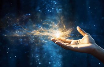 An open hand sticks out into the picture and golden sparks fly out of it, blue background An open hand sticks out into the picture and golden sparks fly out of it, blue background